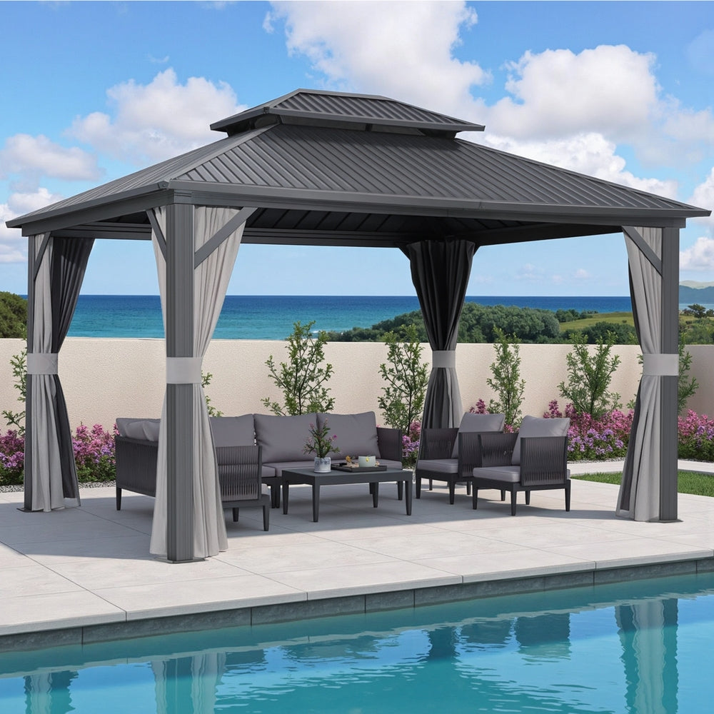 Gazebo 3x3.65m Canopy Outdoor Steel Frame Patio Tent Curtains Marquee Grey