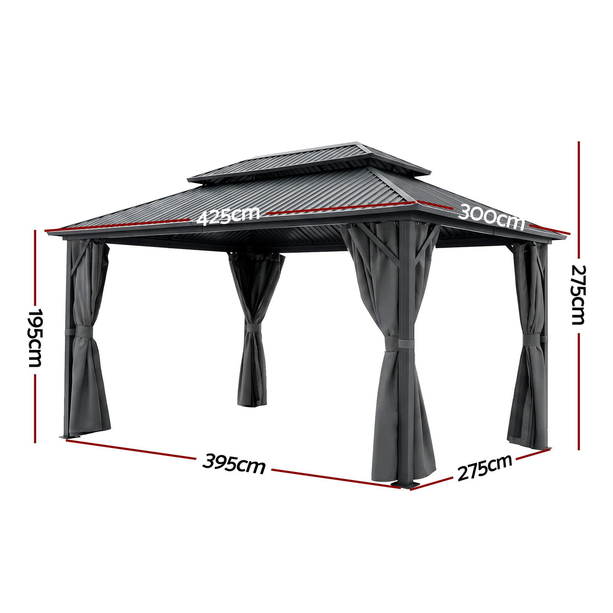 3x4.25m Gazebo Hardtop Steel Roof Outdoor Pavilion Grey Aluminium Frame