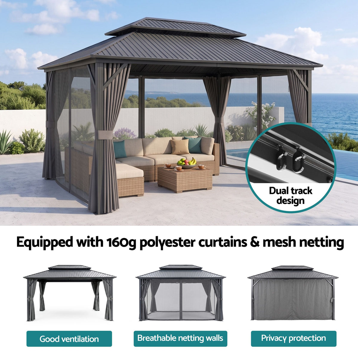 3x4.25m Gazebo Hardtop Steel Roof Outdoor Pavilion Grey Aluminium Frame