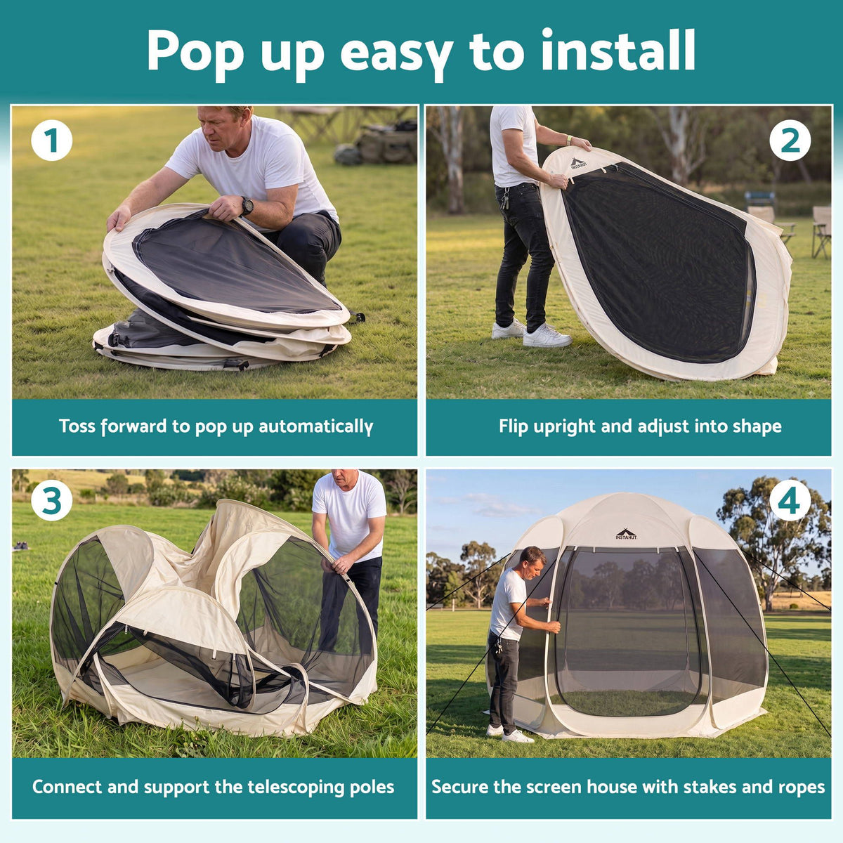 Instahut Pop Up Gazebo Screen Tent 2.8x1.35m 6 Person Hexagon Mesh Beige