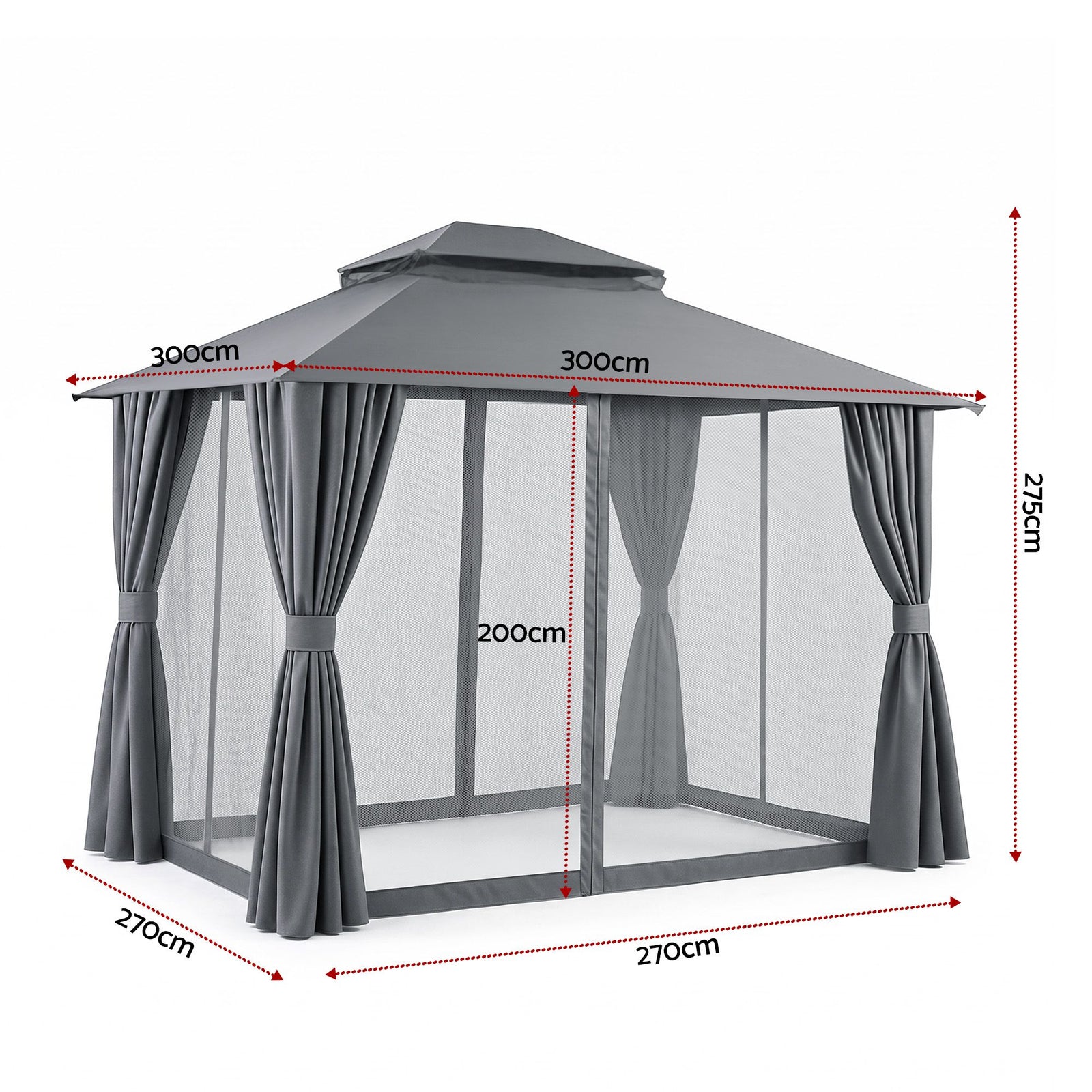 Gazebo 3×3m Outdoor – Steel Frame Canopy with Curtains & Mesh (Grey)