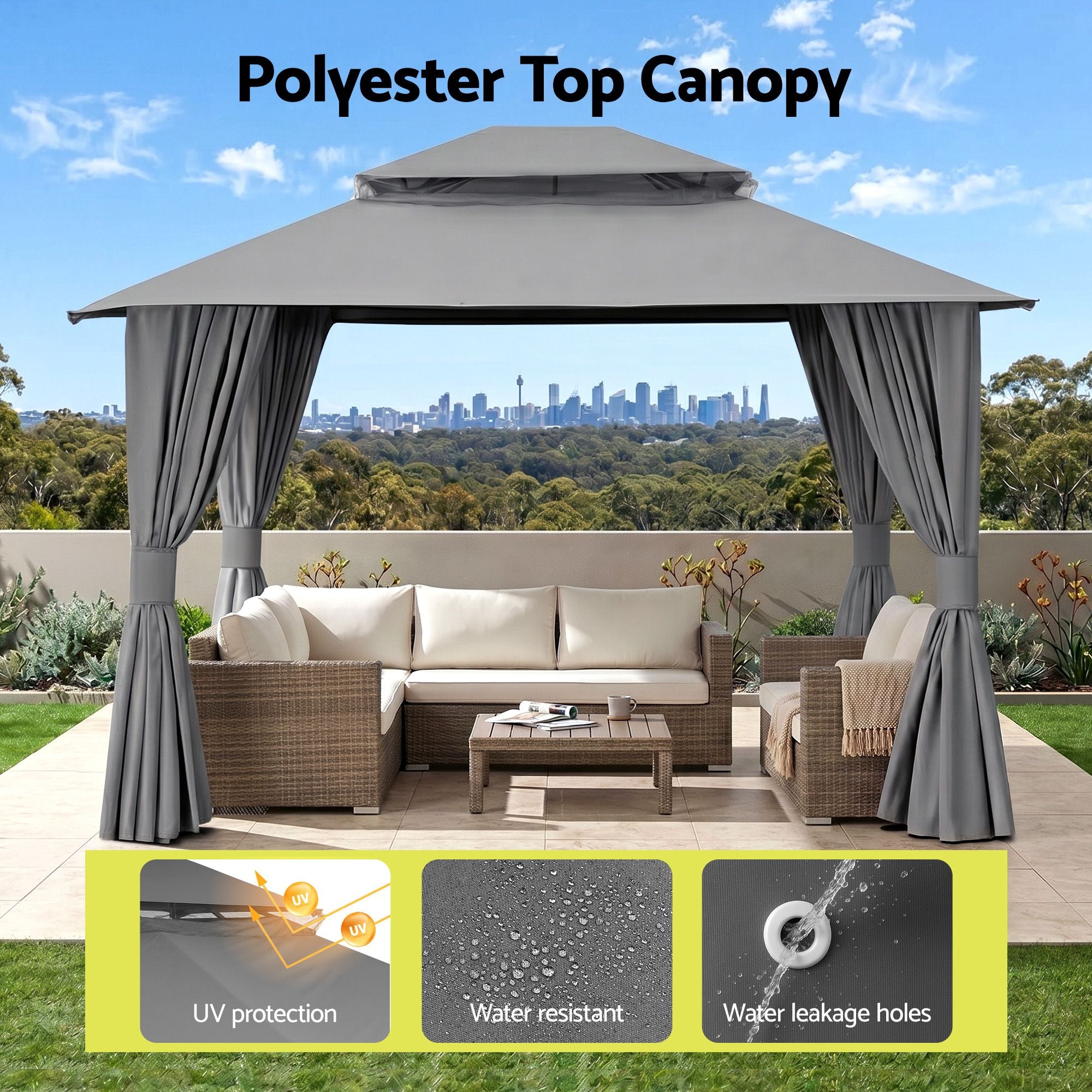 Gazebo 3x3m Canopy Outdoor Steel Frame Patio Tent Curtains Marquee Grey