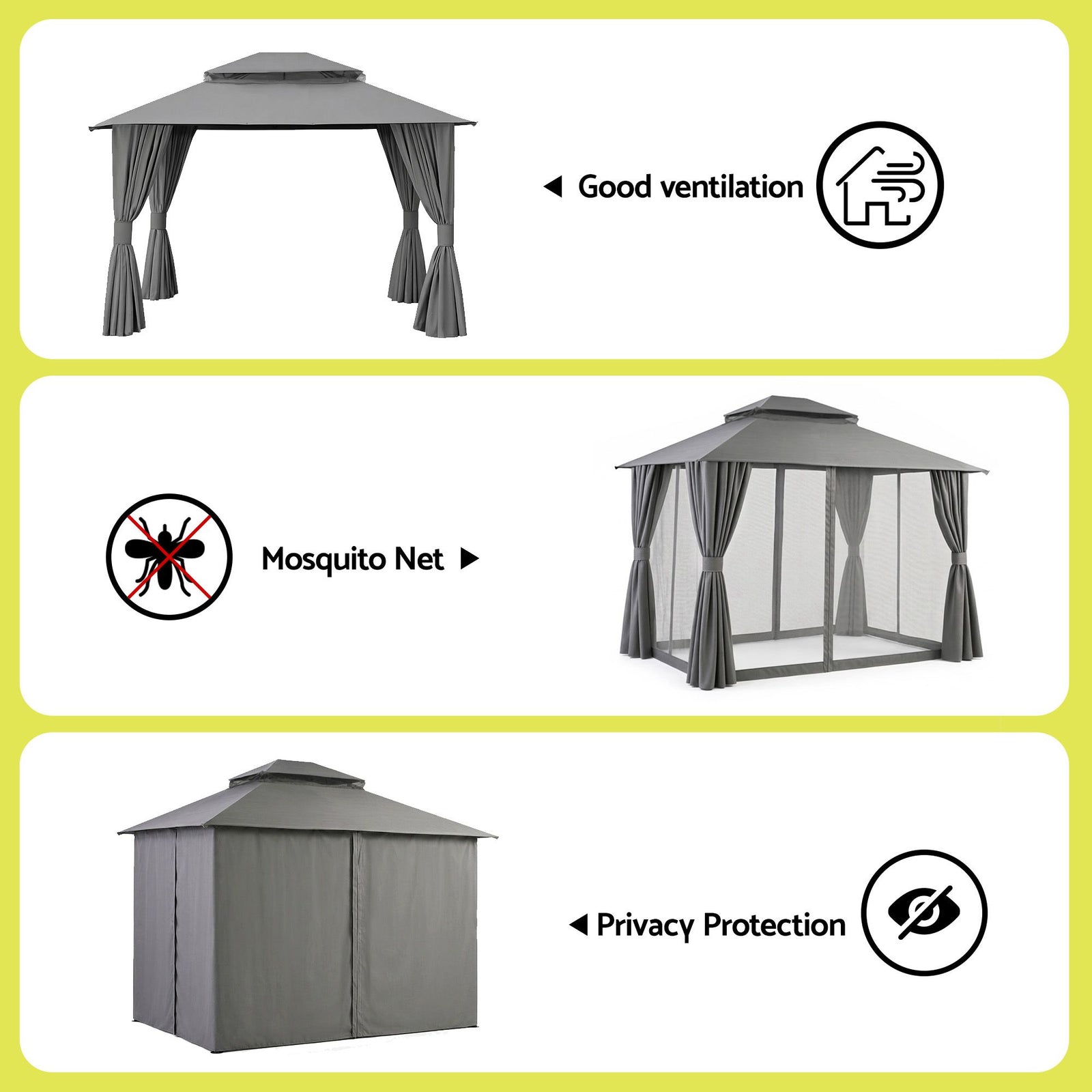 Gazebo 3×3m Outdoor – Steel Frame Canopy with Curtains & Mesh (Grey)