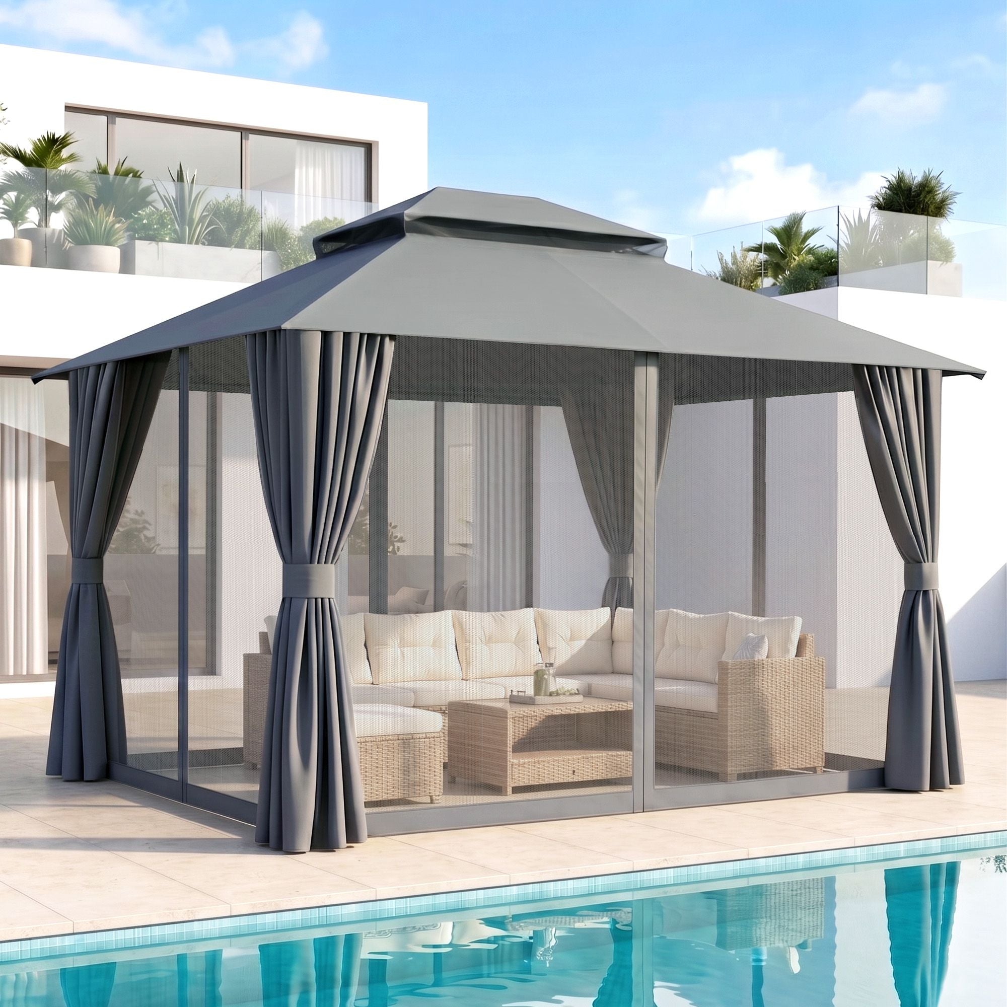 Gazebo 3×3m Outdoor – Steel Frame Canopy with Curtains & Mesh (Grey)