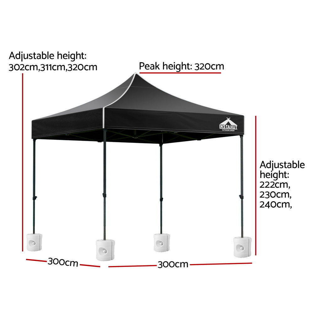 3x3m Pop Up Gazebo Heavy Duty 500D Steel Frame with Base Weights Black