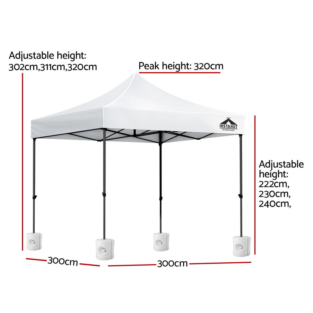 3x3m Pop Up Gazebo Heavy Duty 500D Steel Frame with Base Weights White