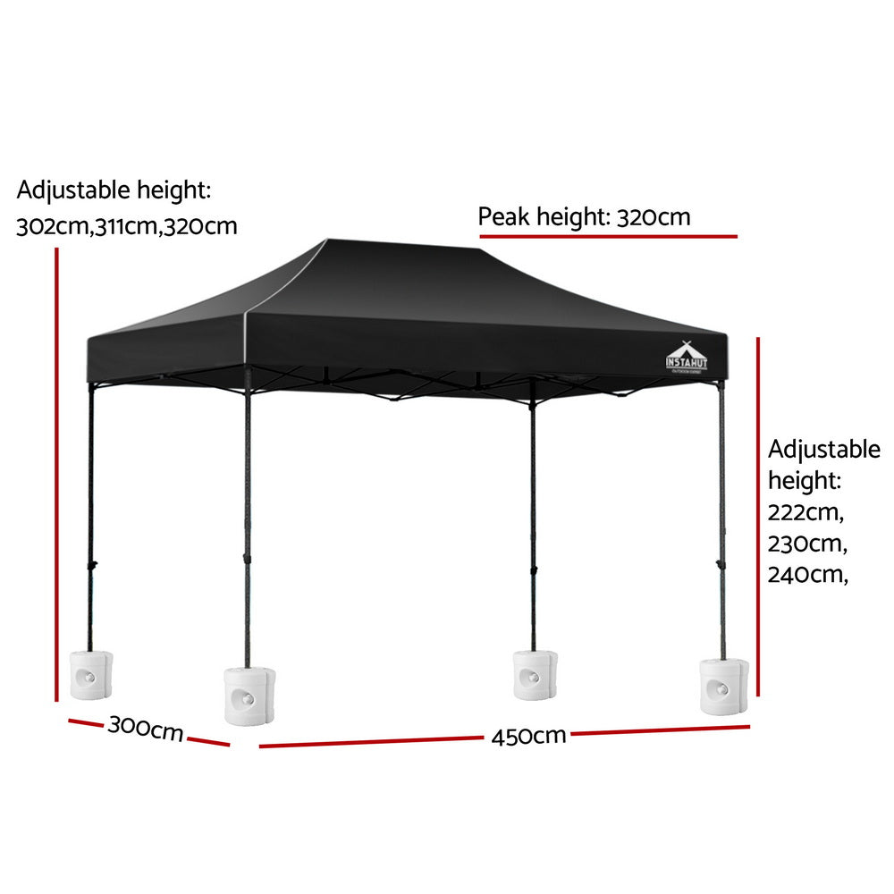 3x4.5m Black Pop Up Gazebo Outdoor 500D Canopy with 4 Base Pods 36-64kg