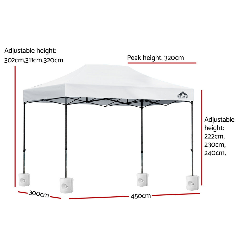 3x4.5m Pop Up Gazebo Canopy Tent White with 4 Weighted Base Pods