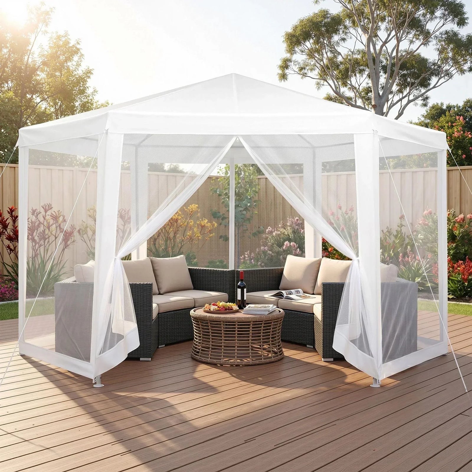 Hexagonal Outdoor Gazebo – Mesh Walls, UV/Water‑Resistant, Steel Frame