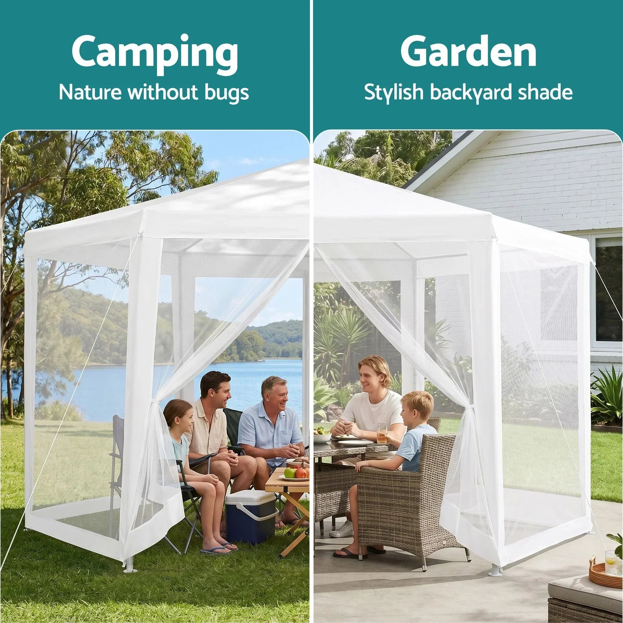 Hexagonal Outdoor Gazebo – Mesh Walls, UV/Water‑Resistant, Steel Frame