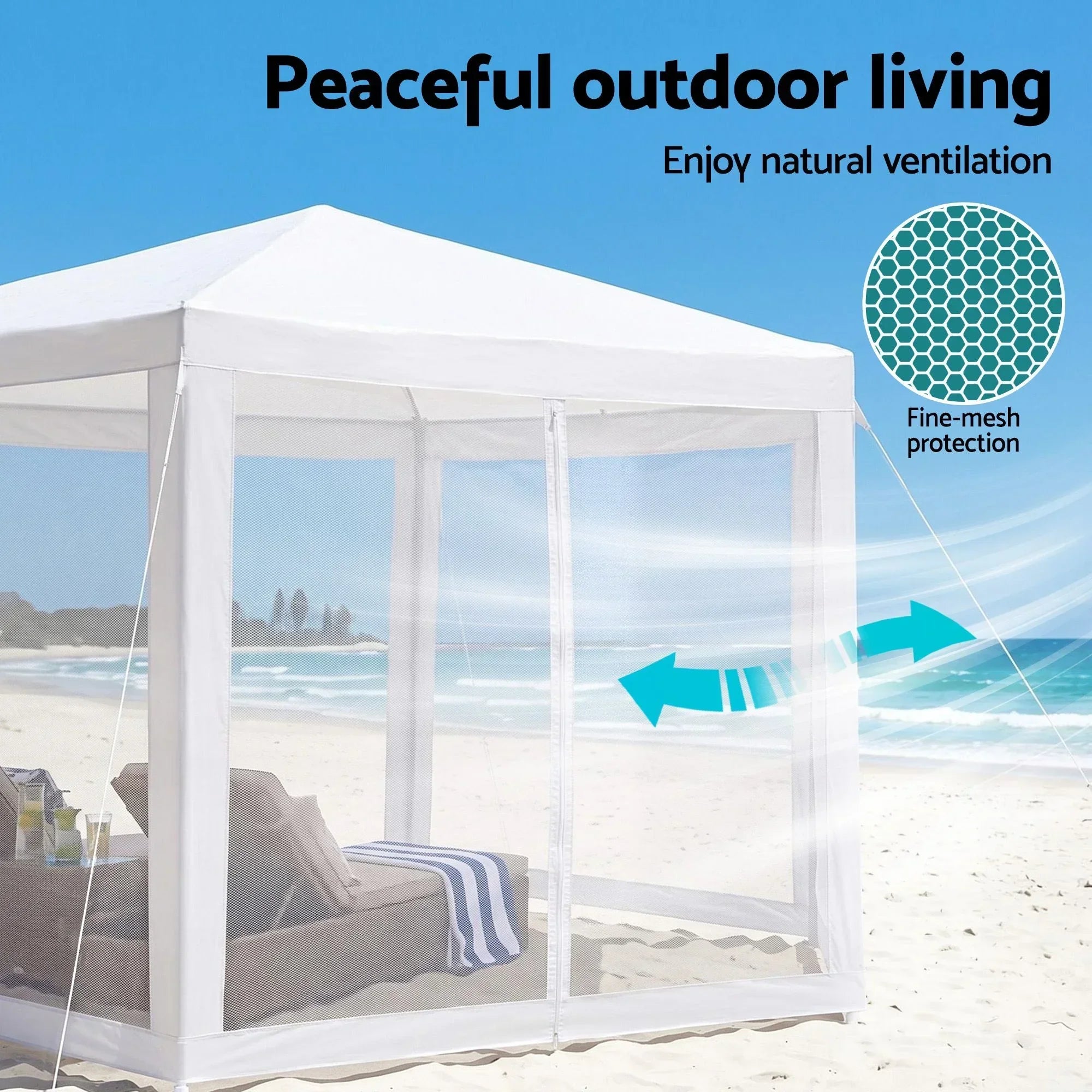 Hexagonal Outdoor Gazebo – Mesh Walls, UV/Water‑Resistant, Steel Frame