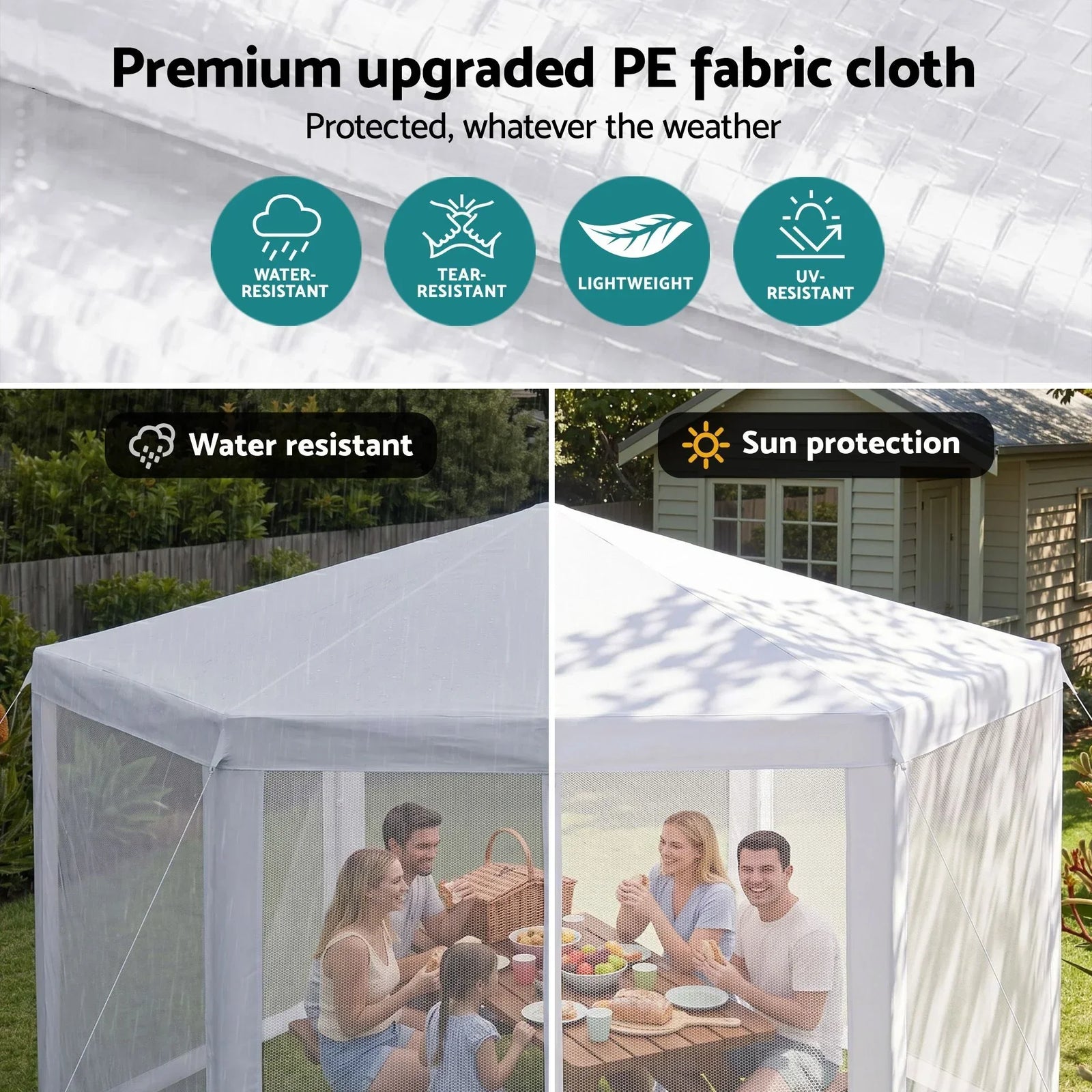 Hexagonal Outdoor Gazebo – Mesh Walls, UV/Water‑Resistant, Steel Frame