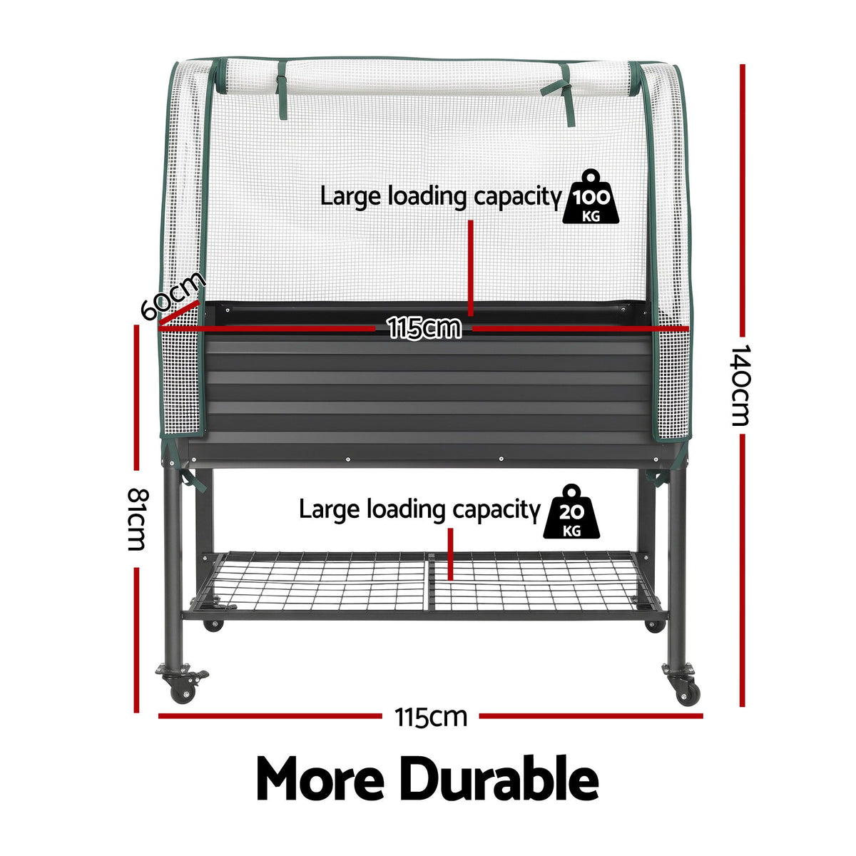 Green Fingers Mobile Raised Garden Bed with Greenhouse Cover Storage Shelf for Tomato Vegetables Herb Charcoal
