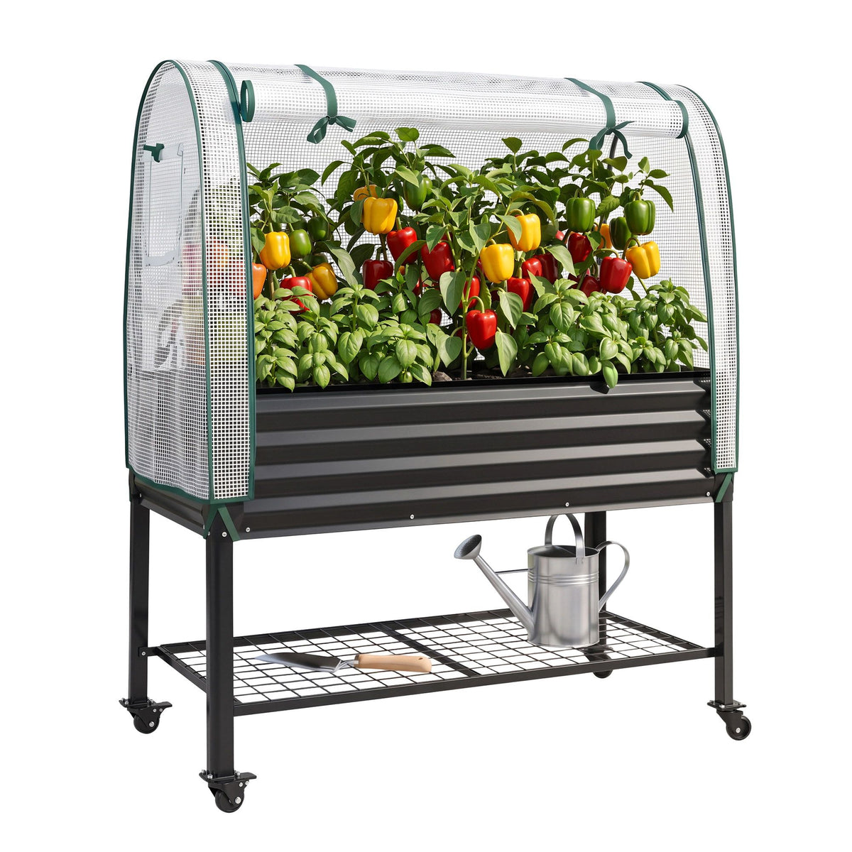 Green Fingers Mobile Raised Garden Bed with Greenhouse Cover Storage Shelf for Tomato Vegetables Herb Charcoal