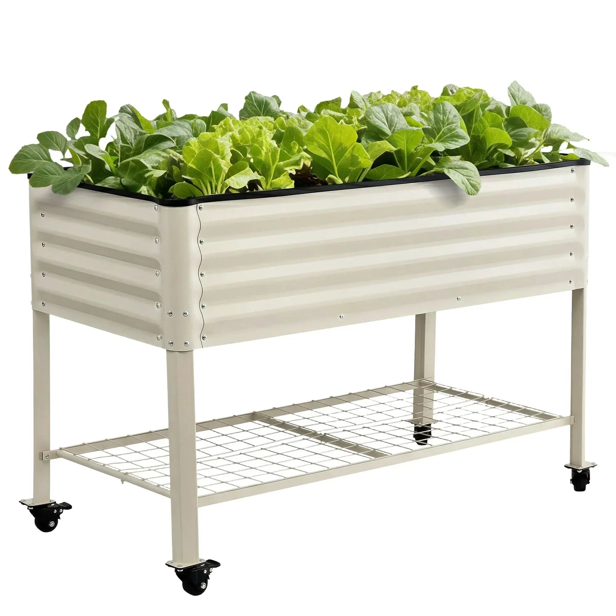 Mobile Raised Garden Bed With Wheels Storage Shelf 81cm Height for Vegetables Herb White