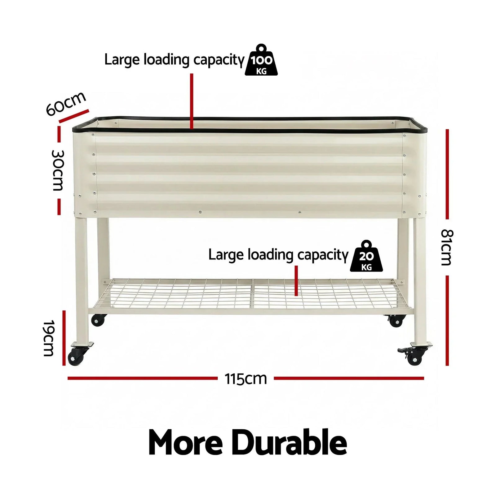 Mobile Raised Garden Bed With Wheels Storage Shelf 81cm Height for Vegetables Herb White