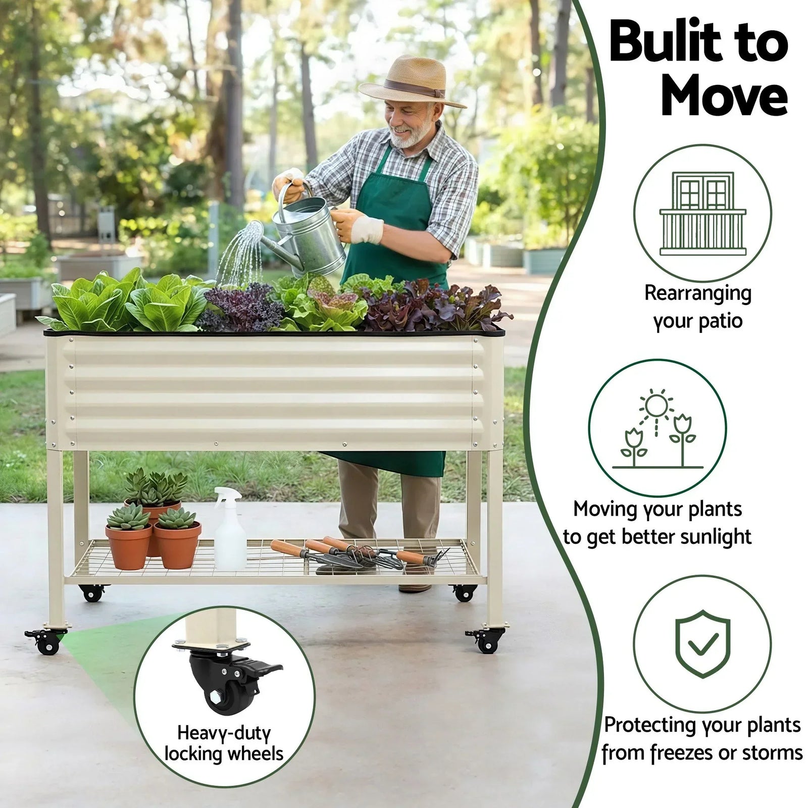 Mobile Raised Garden Bed With Wheels Storage Shelf 81cm Height for Vegetables Herb White