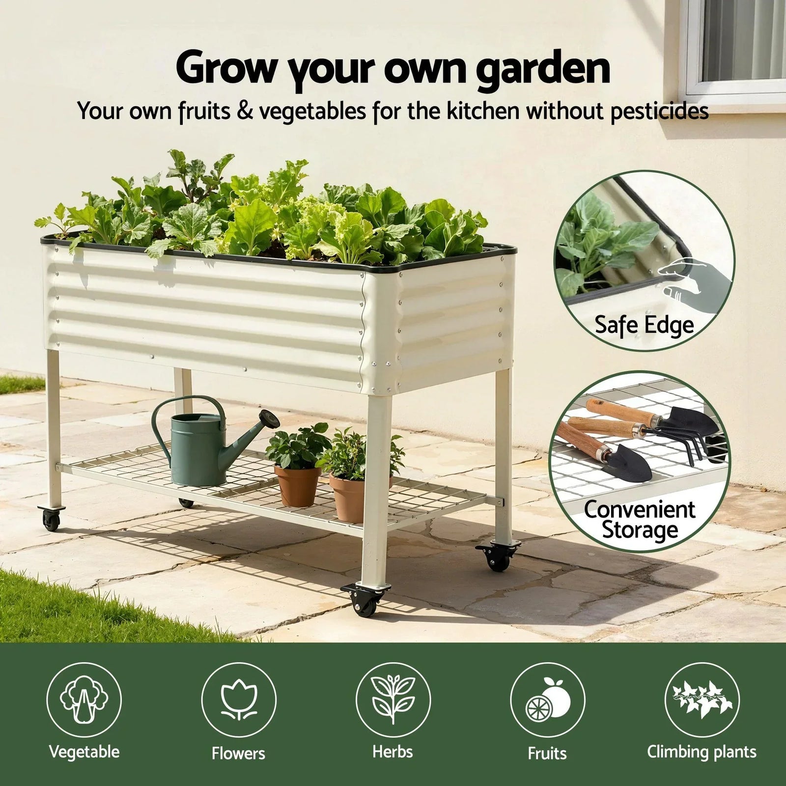 Mobile Raised Garden Bed With Wheels Storage Shelf 81cm Height for Vegetables Herb White