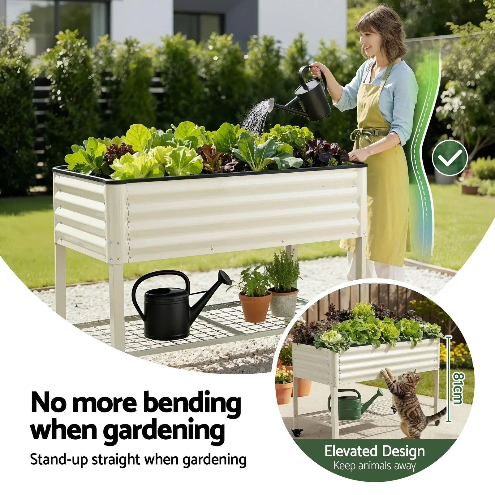 Mobile Raised Garden Bed With Wheels Storage Shelf 81cm Height for Vegetables Herb White