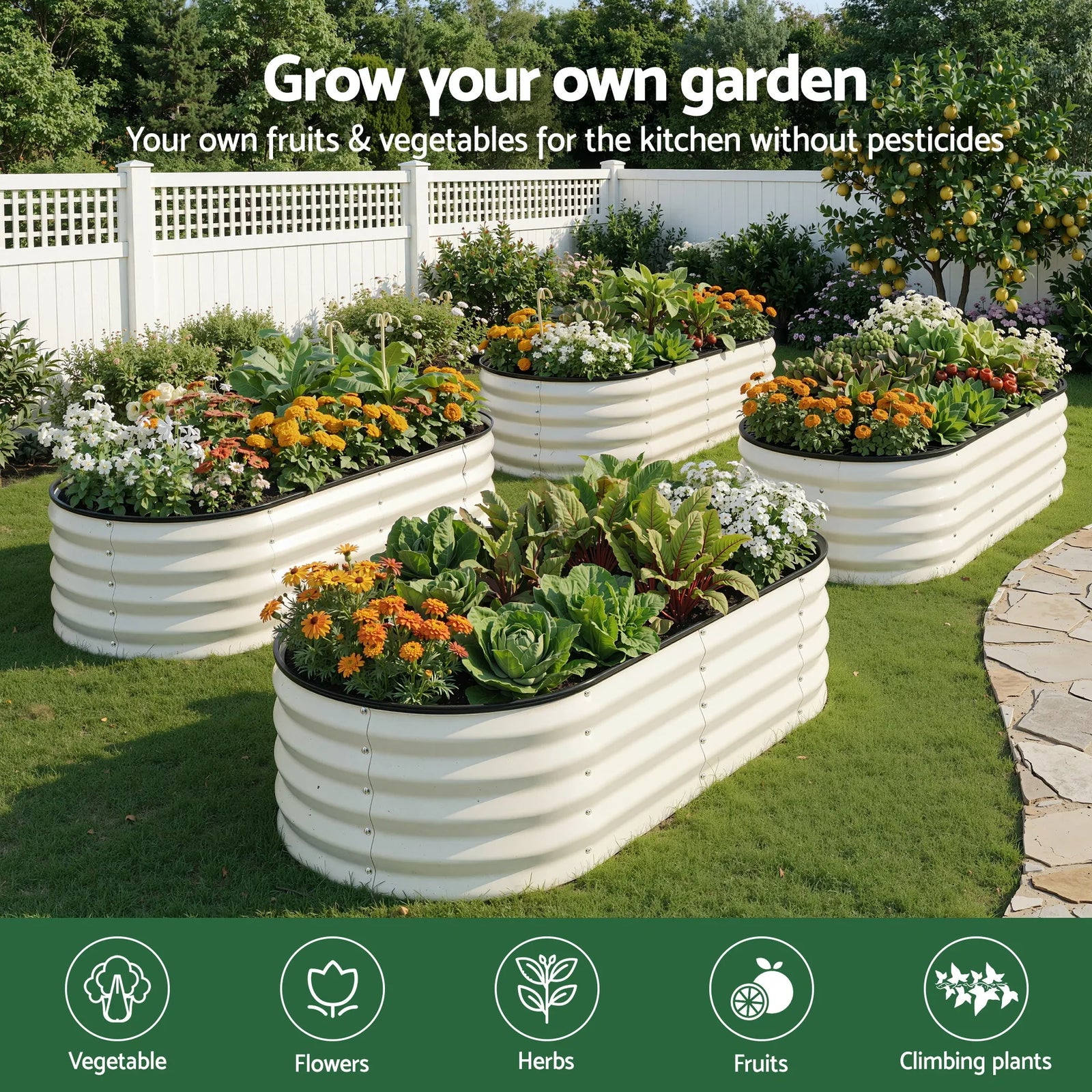 2‑Pack Raised Garden Beds – Galvanised Steel 120×60×30cm, Open Base, White