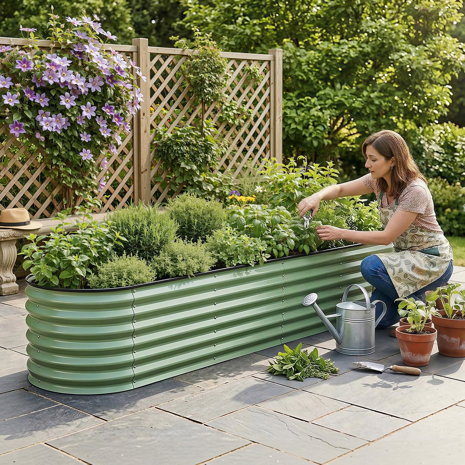 Oval Raised Garden Bed Galvanised Planter Box Rust Resistant 240x60x45cm Green