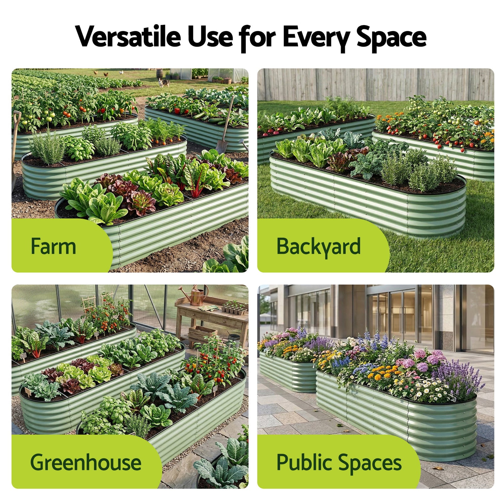 Oval Raised Garden Bed Galvanised Planter Box Rust Resistant 240x60x45cm Green