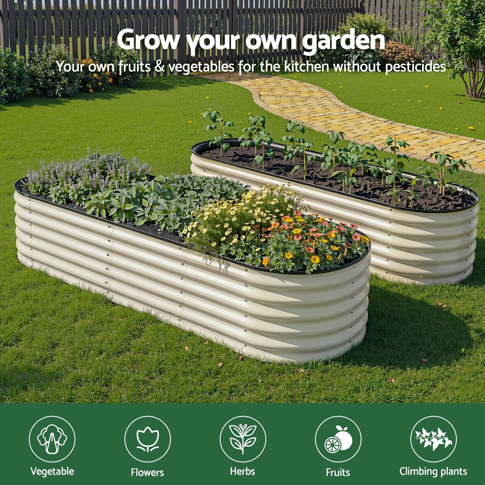 Oval Raised Garden Bed Galvanised Planter Box Rust Resistant 240x60x45cm White