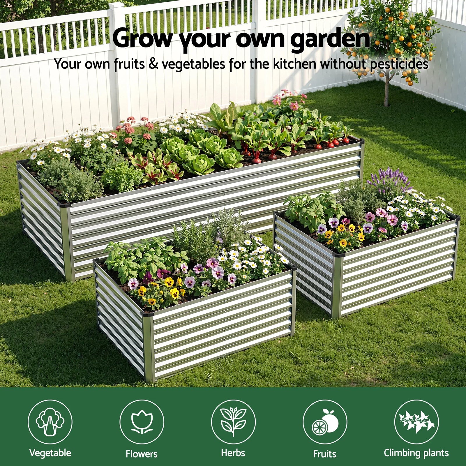 Raised Garden Bed 2‑in‑1 Modular – Galvanised Planter Box 240×80×60cm