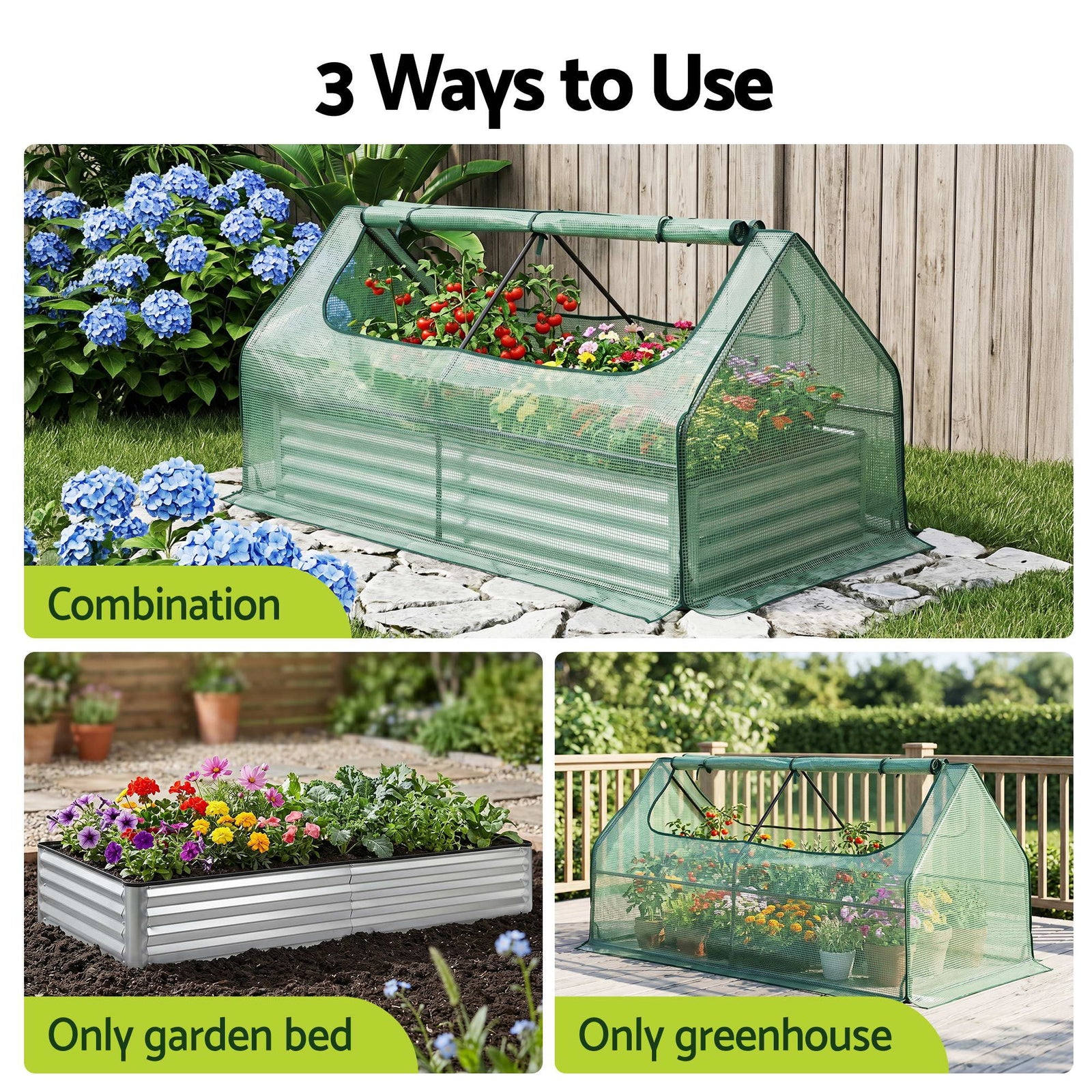 Raised Garden Bed with Greenhouse 3 in 1 Galvanised Planter Box Kit