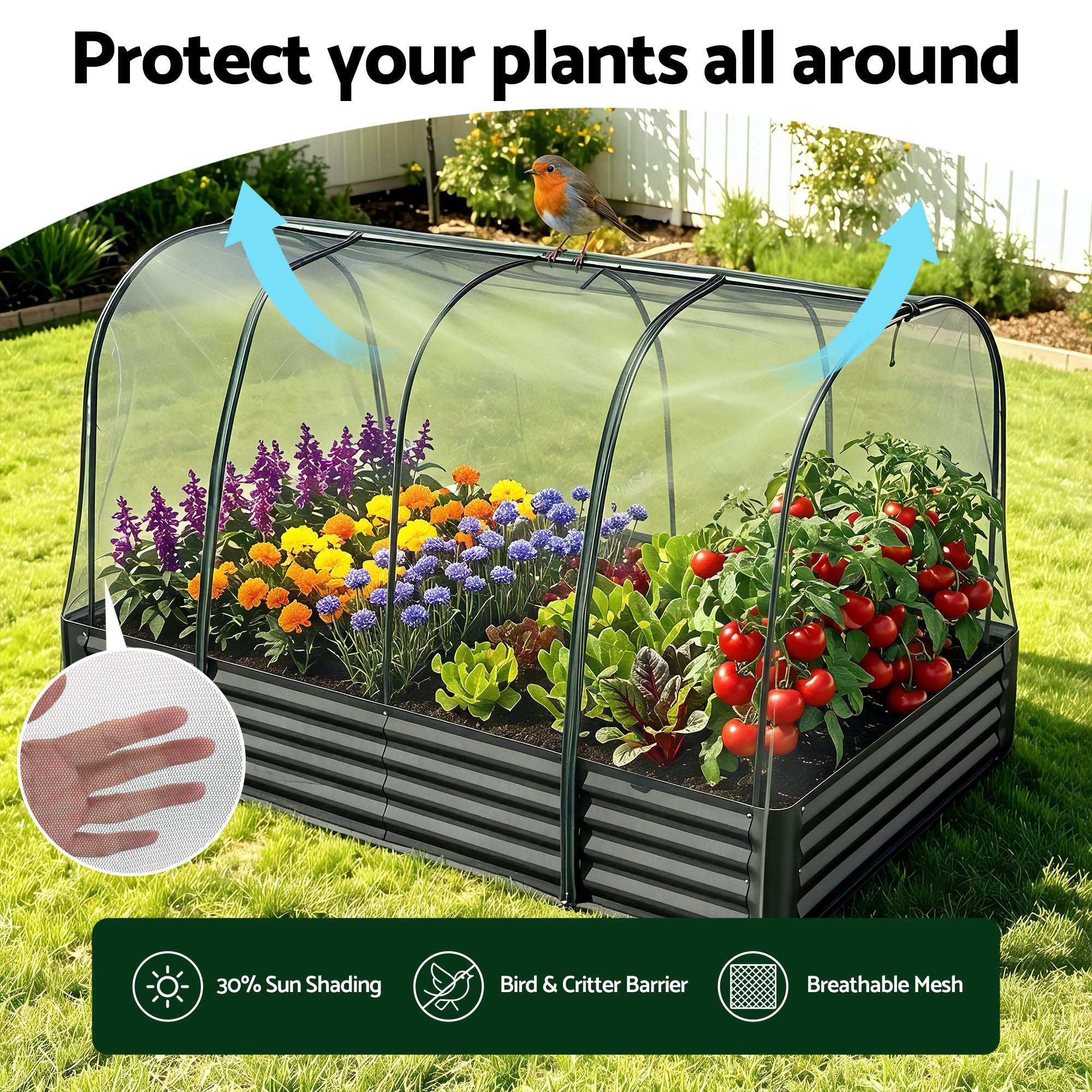 Raised Garden Bed 180×90cm – Galvanised with Mesh Netting Bird‑Proof