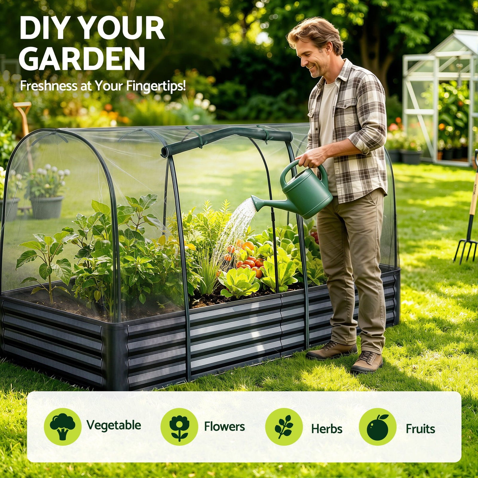 Raised Garden Bed 180×90cm – Galvanised with Mesh Netting Bird‑Proof