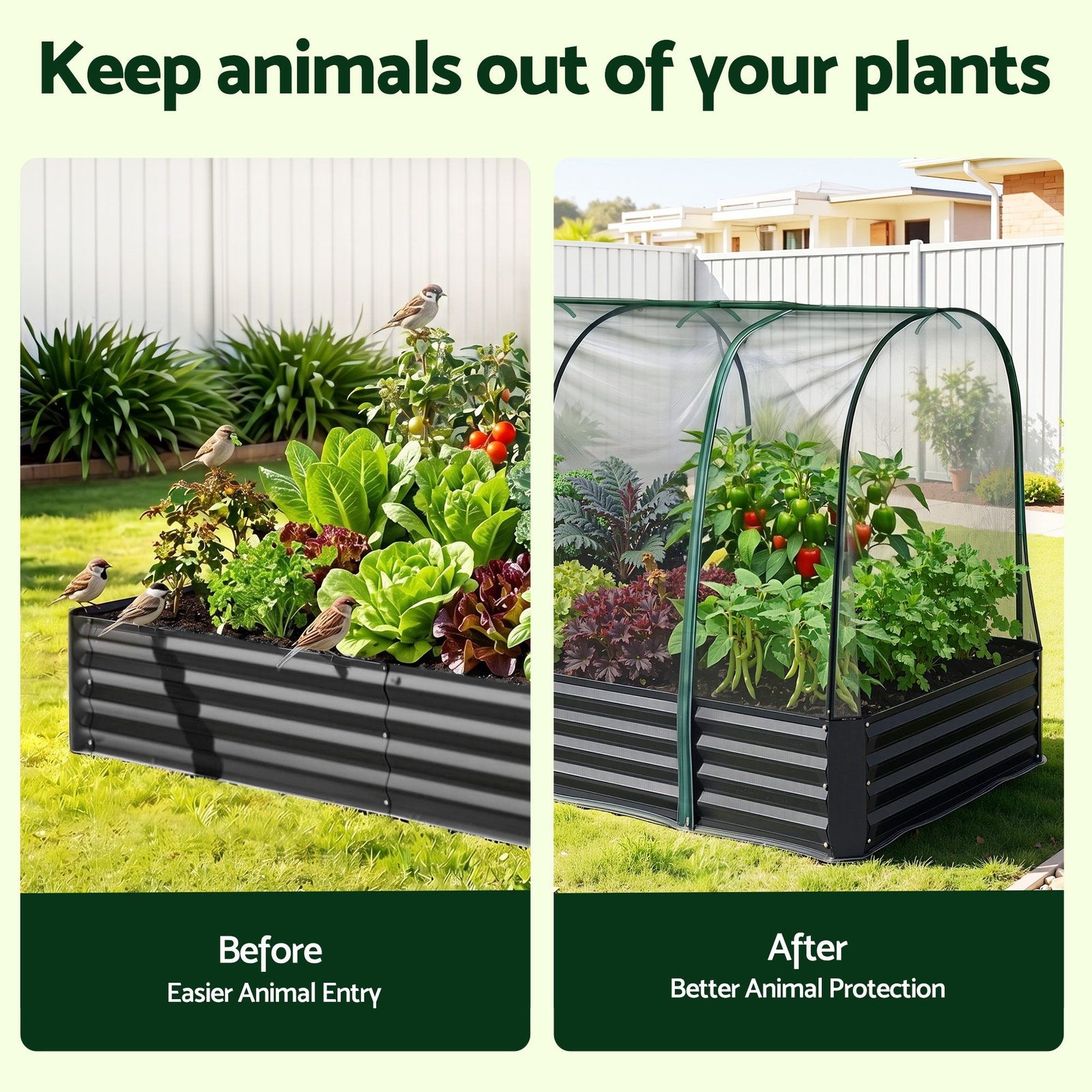 Raised Garden Bed 180×90cm – Galvanised with Mesh Netting Bird‑Proof