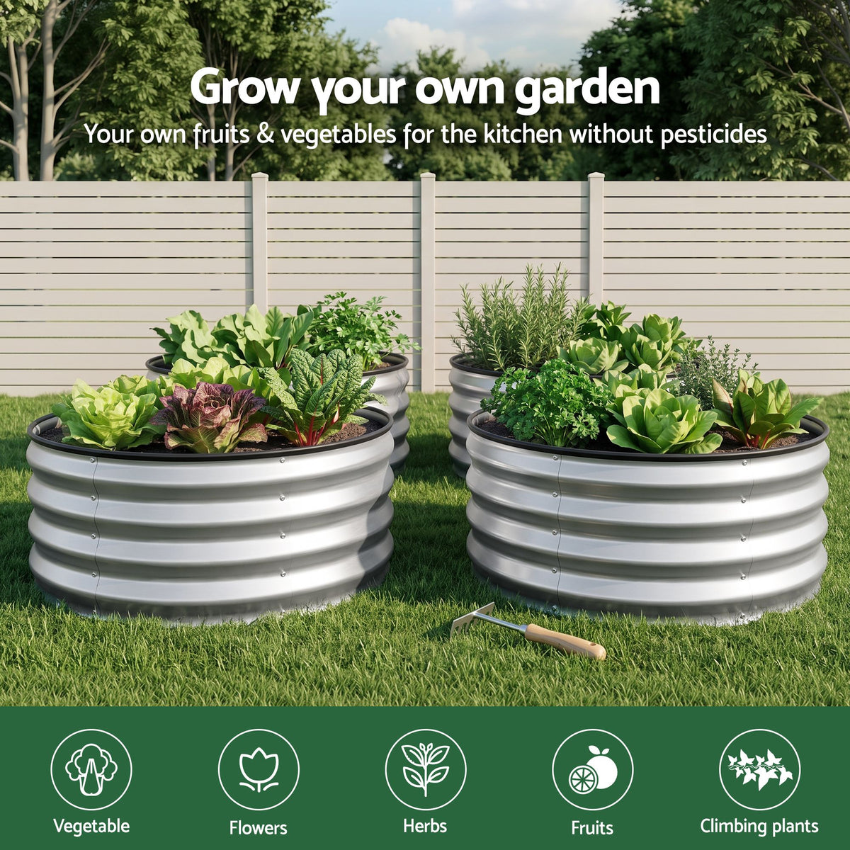 Green Fingers Round Raised Garden Bed 2 Pack Galvanised Planter Box Rust Resistant 60x60x30cm Silver