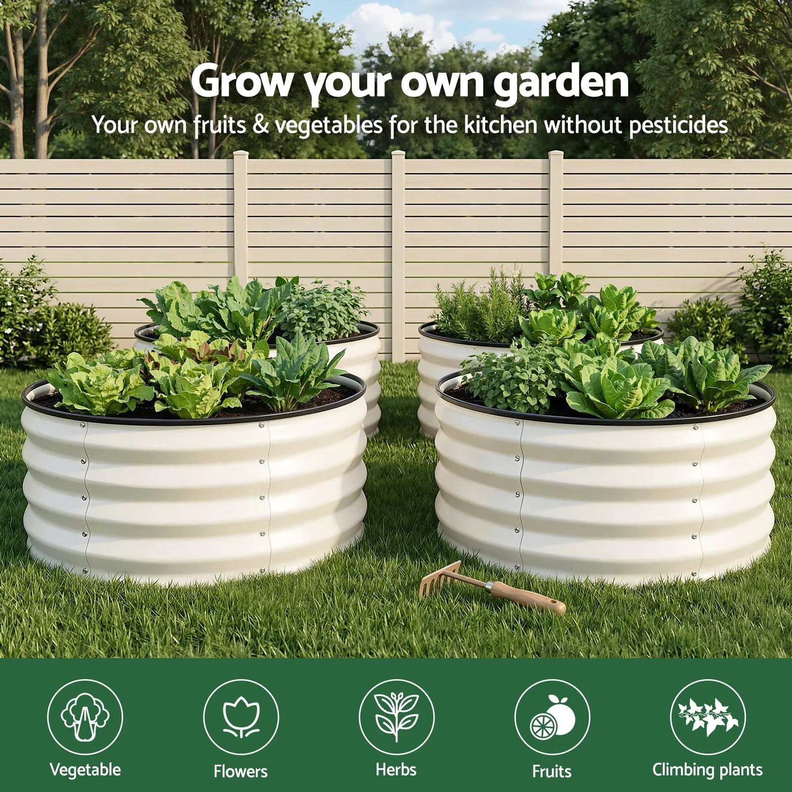 Round Raised Garden Bed 2 Pack Galvanised Planter Box Rust Resistant 60x60x30cm White