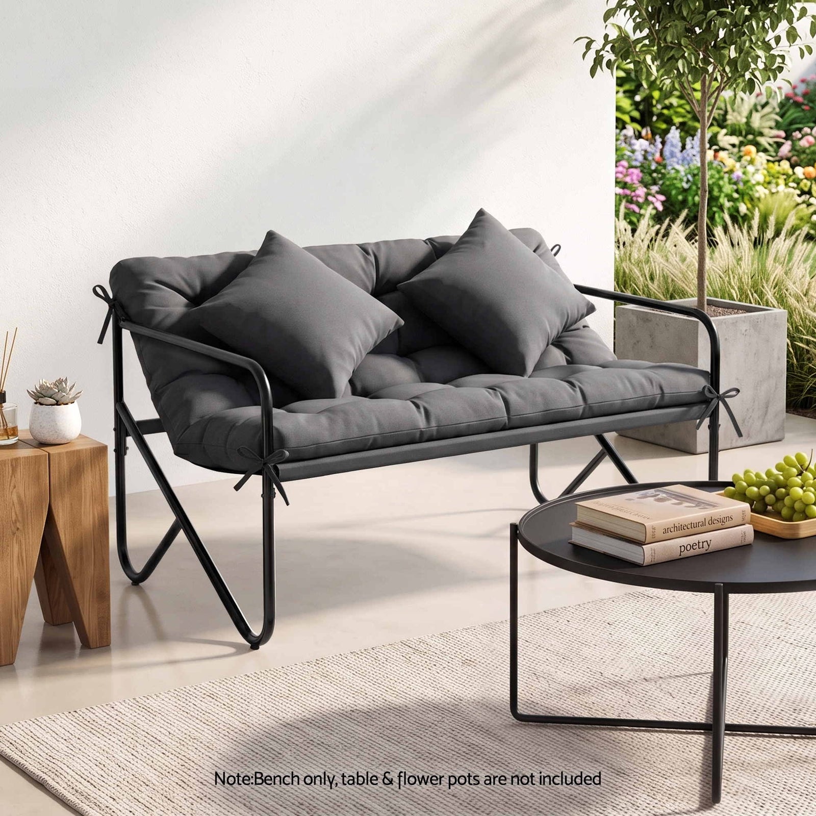 Garden Bench 2 Seater Outdoor Bench Metal with Cushion 118cm Black