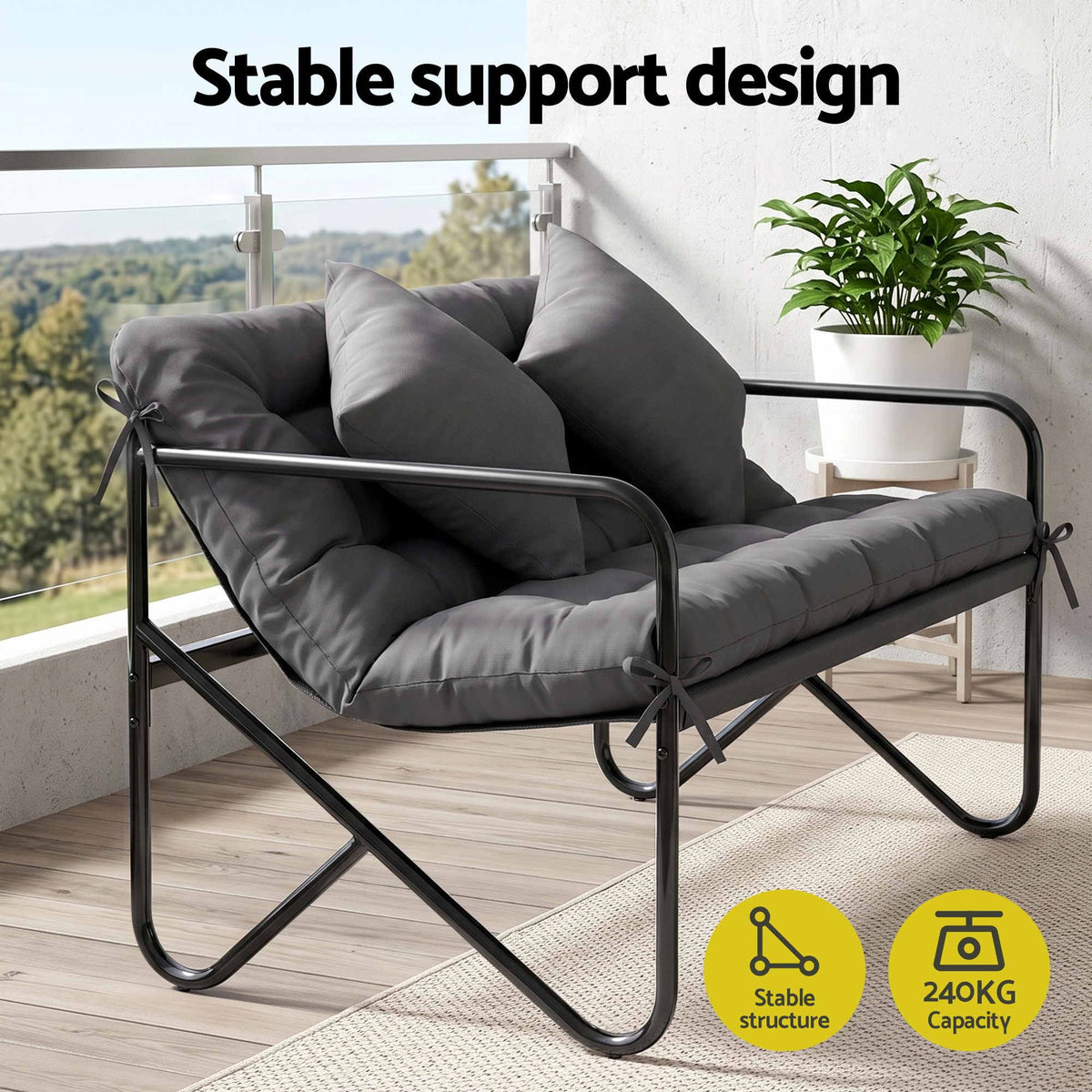 Garden Bench 2 Seater Outdoor Bench Metal with Cushion 118cm Black