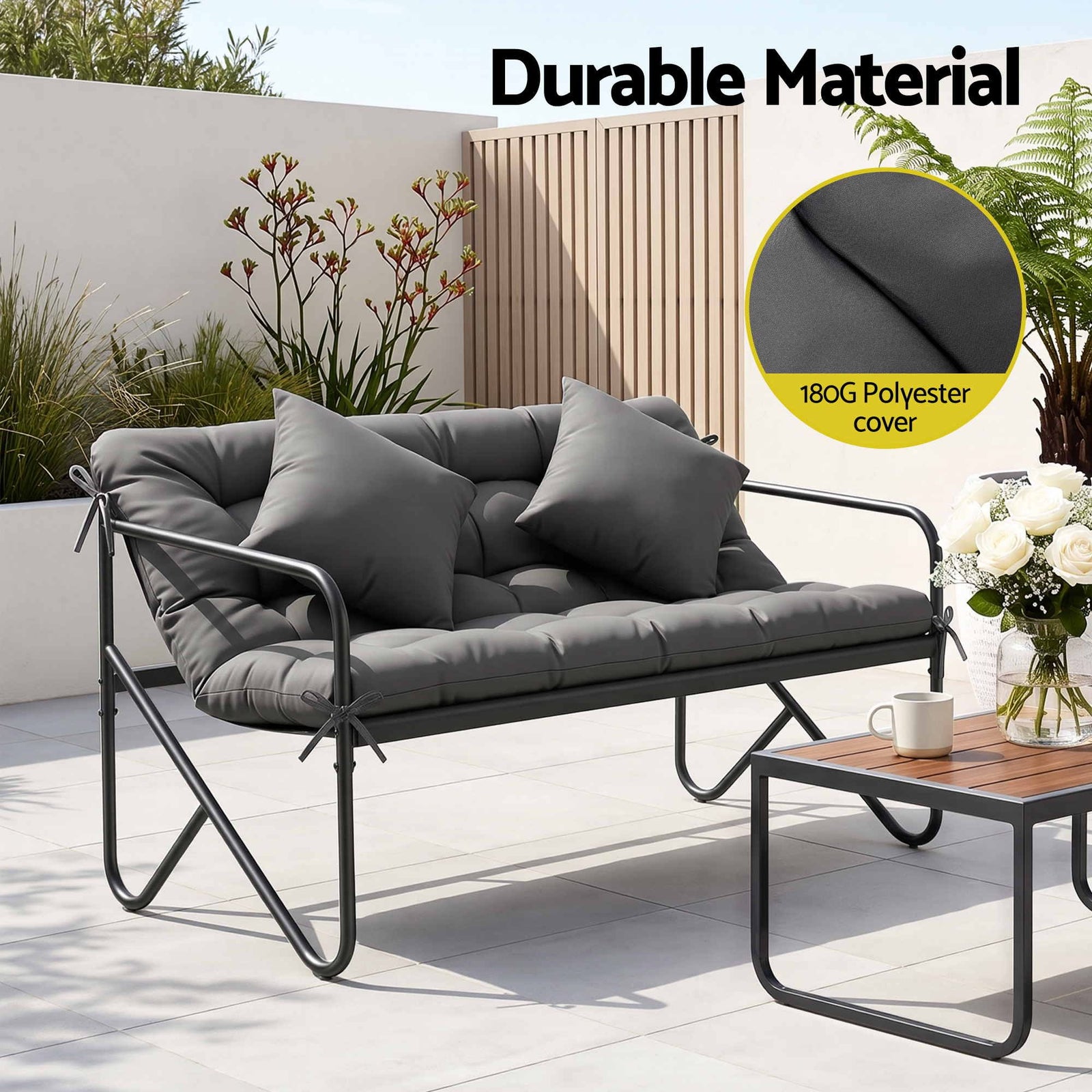 Garden Bench 2 Seater Outdoor Bench Metal with Cushion 118cm Black