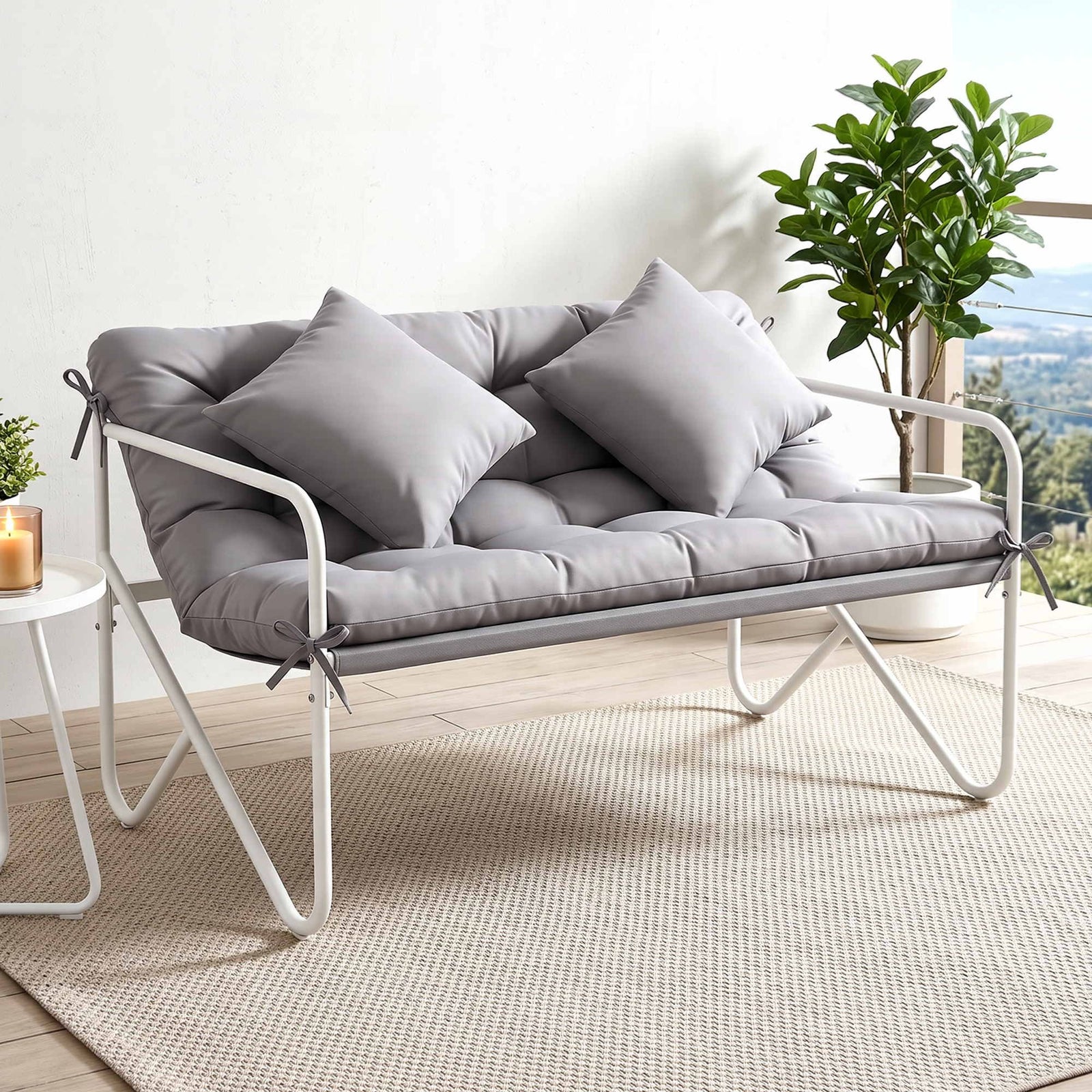Garden Bench 2 Seater Outdoor Bench Metal with Cushion 118cm Grey