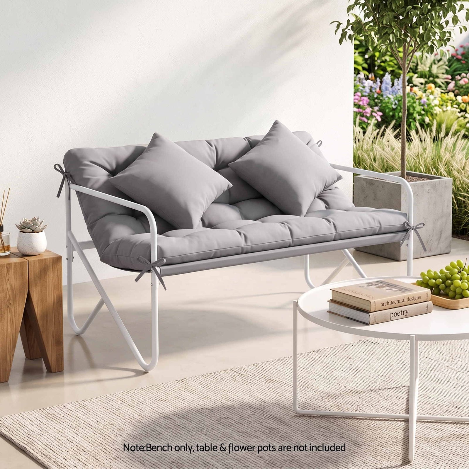 Garden Bench 2 Seater Outdoor Bench Metal with Cushion 118cm Grey