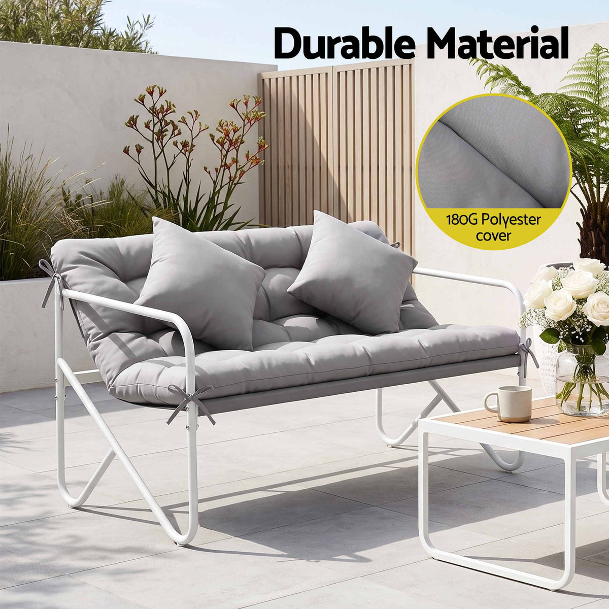 Garden Bench 2 Seater Outdoor Bench Metal with Cushion 118cm Grey