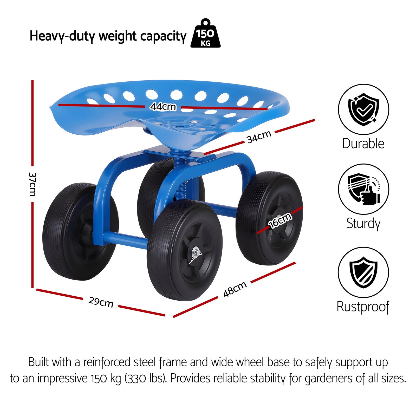 Garden Seat 360 Swivel Rolling Adjustable Height Work Scooter Cart Wheels Heavy Duty 150kg