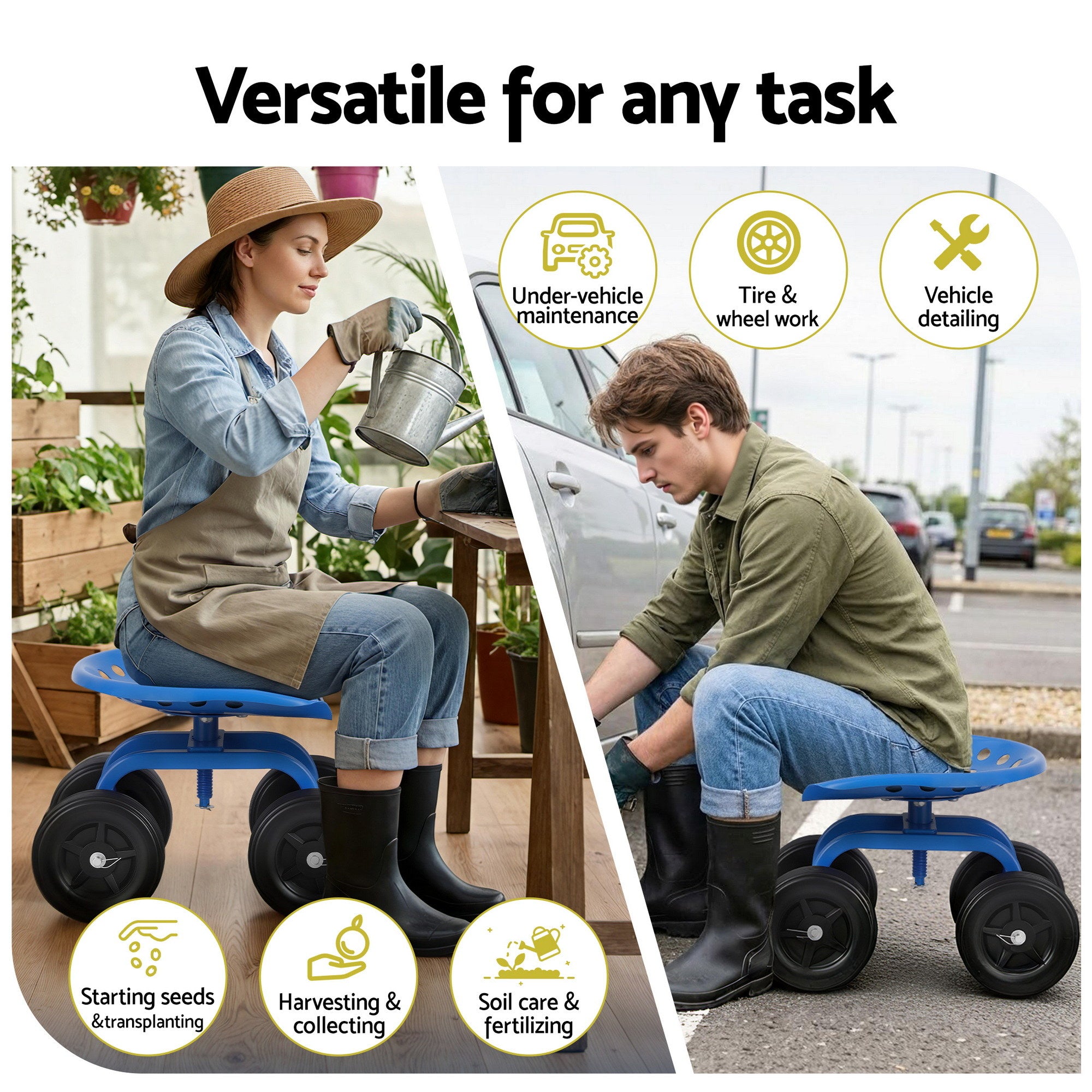 Garden Seat 360 Swivel Rolling Adjustable Height Work Scooter Cart Wheels Heavy Duty 150kg