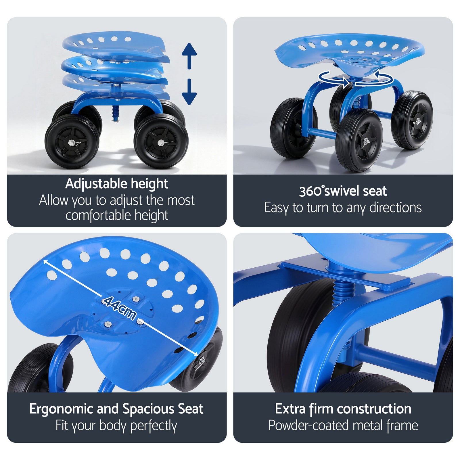 Garden Seat 360 Swivel Rolling Adjustable Height Work Scooter Cart Wheels Heavy Duty 150kg