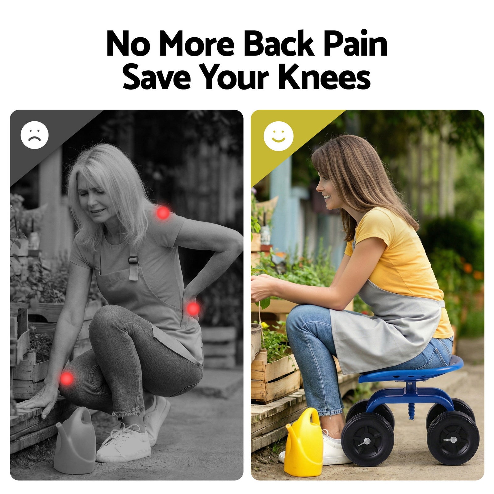 Garden Seat 360 Swivel Rolling Adjustable Height Work Scooter Cart Wheels Heavy Duty 150kg