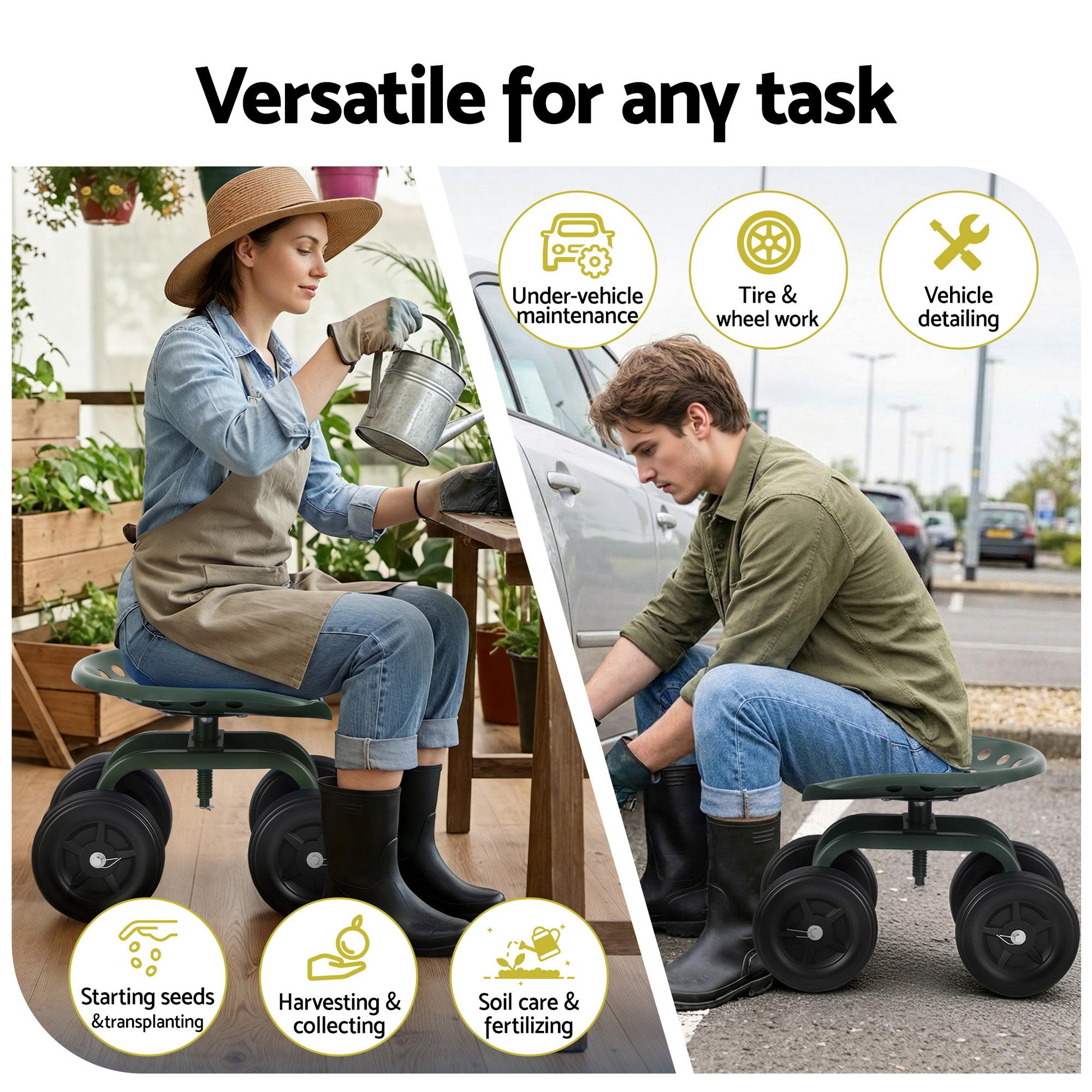 Garden Seat 360 Swivel Rolling Adjustable Height Work Scooter Cart Wheels Heavy Duty 150kg