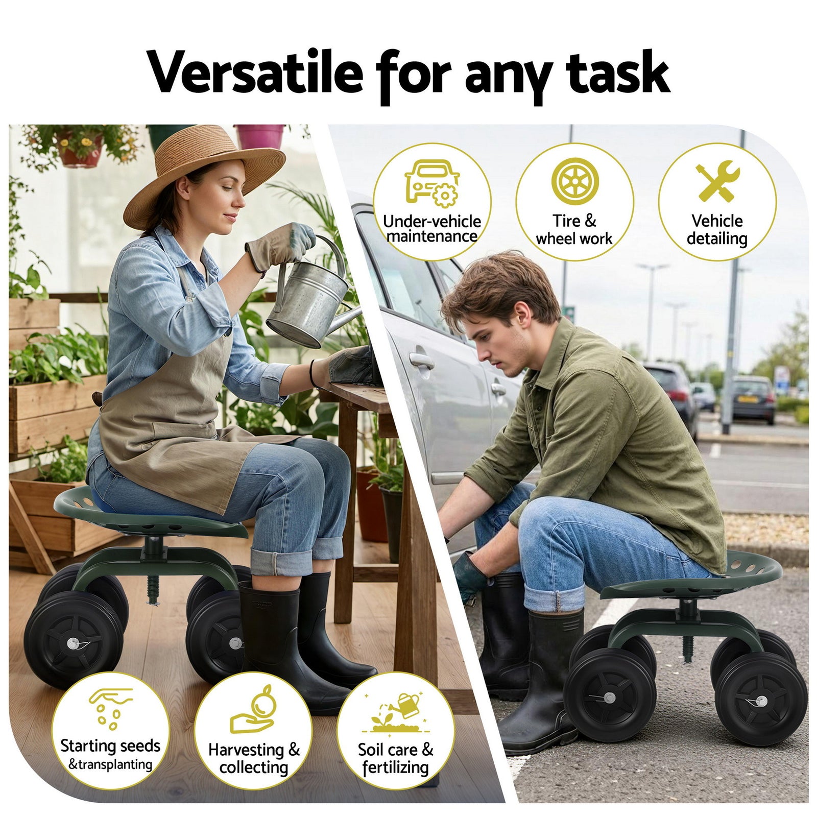 Garden Seat 360 Swivel Rolling Adjustable Height Work Scooter Cart Wheels Heavy Duty 150kg