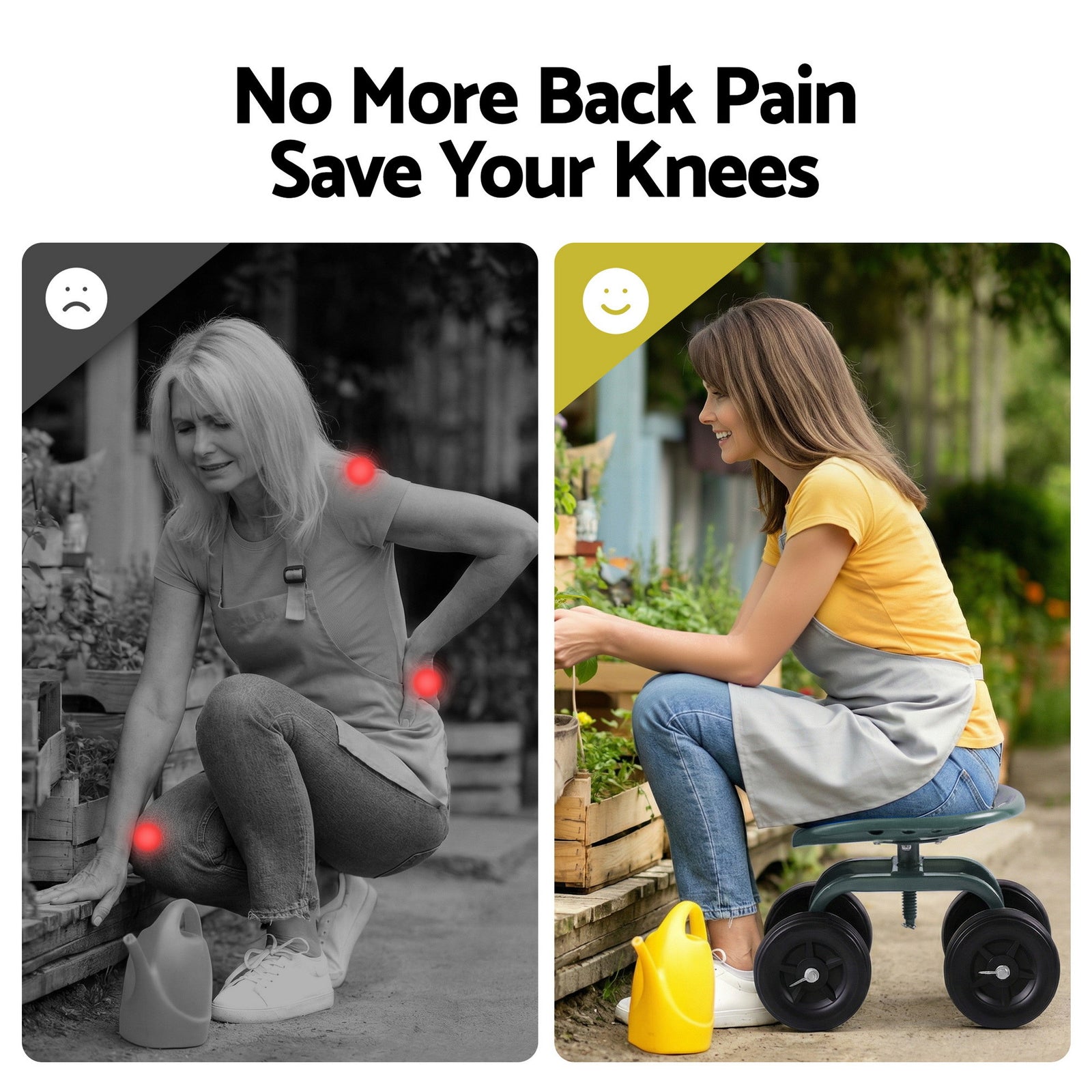 Garden Seat 360 Swivel Rolling Adjustable Height Work Scooter Cart Wheels Heavy Duty 150kg