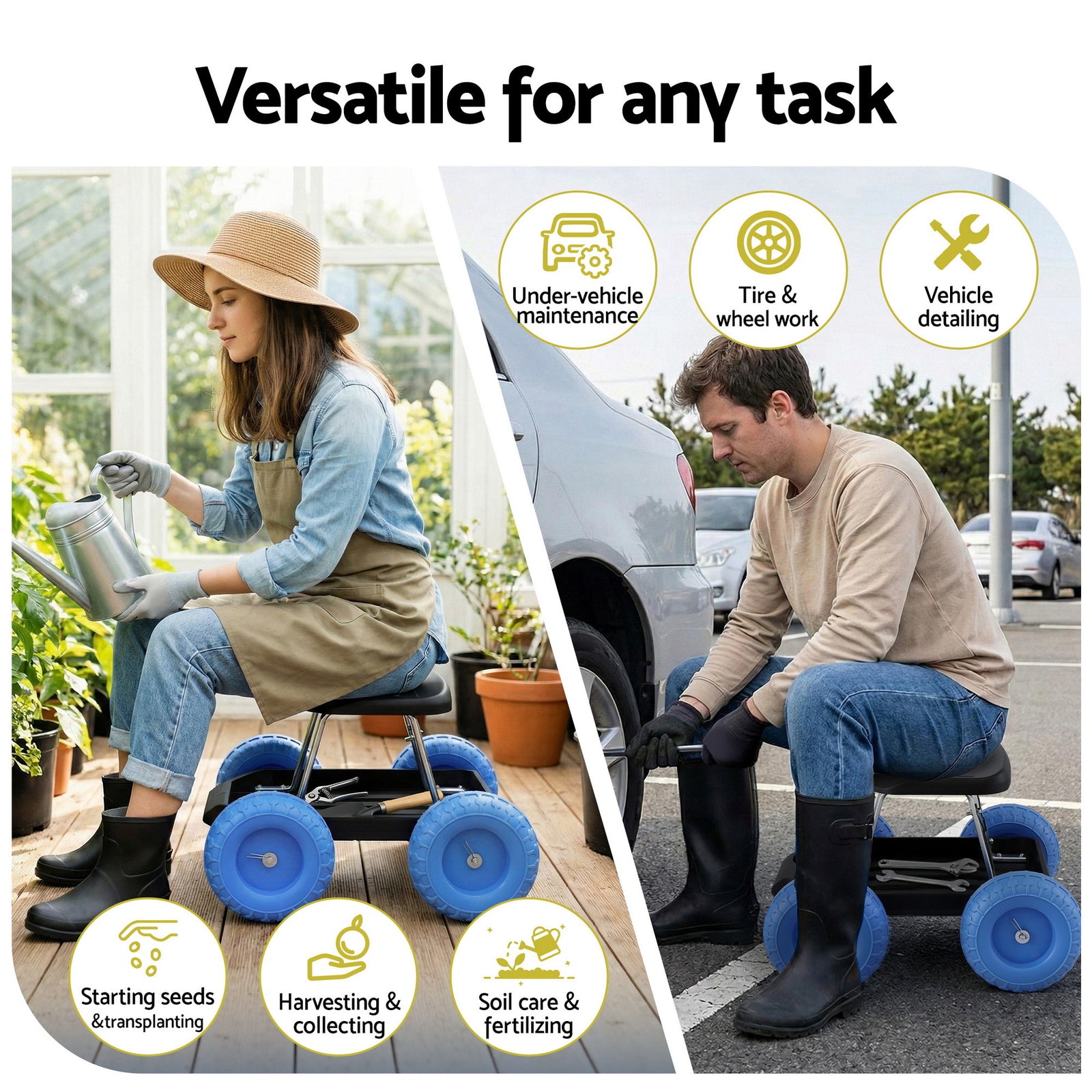 Garden Cart Seat with Wheels, Rolling Work Stool with Tool Storage Tray, 440lbs (200kg) Heavy Duty Capacity Garden Stool for Outdoor Yard Work, Car Detailing, and Garage Maintenance, Blue/Black