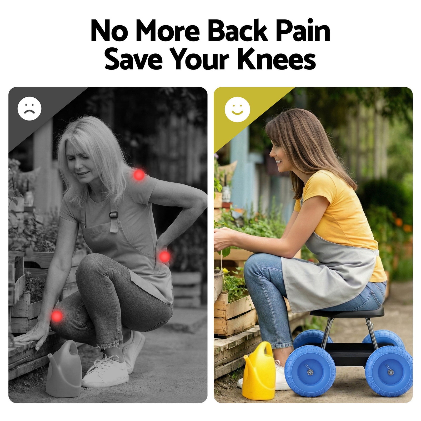 Garden Cart Seat with Wheels, Rolling Work Stool with Tool Storage Tray, 440lbs (200kg) Heavy Duty Capacity Garden Stool for Outdoor Yard Work, Car Detailing, and Garage Maintenance, Blue/Black