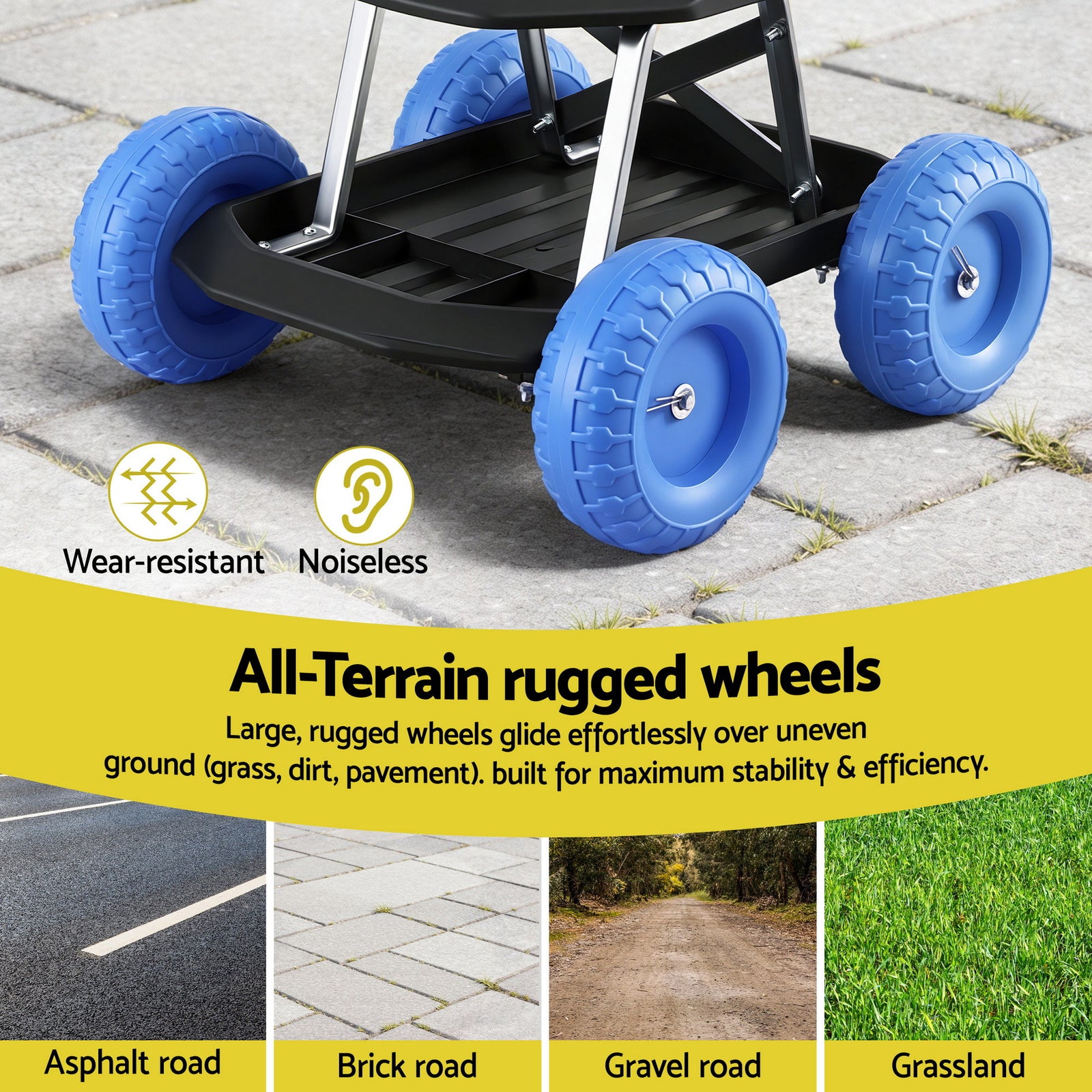 Garden Cart Seat with Wheels, Rolling Work Stool with Tool Storage Tray, 440lbs (200kg) Heavy Duty Capacity Garden Stool for Outdoor Yard Work, Car Detailing, and Garage Maintenance, Blue/Black